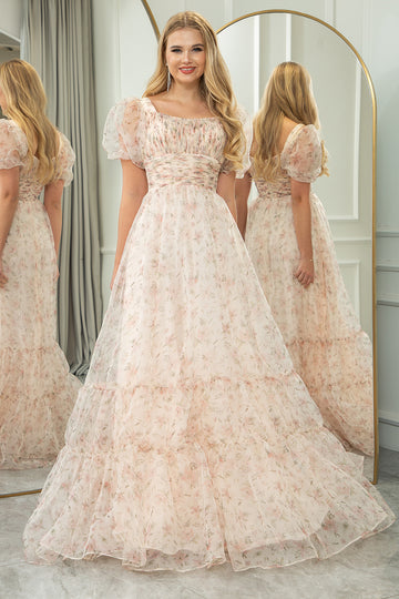 Floral Print Champagne Pleated Princess Prom Dress with Puff Sleeves